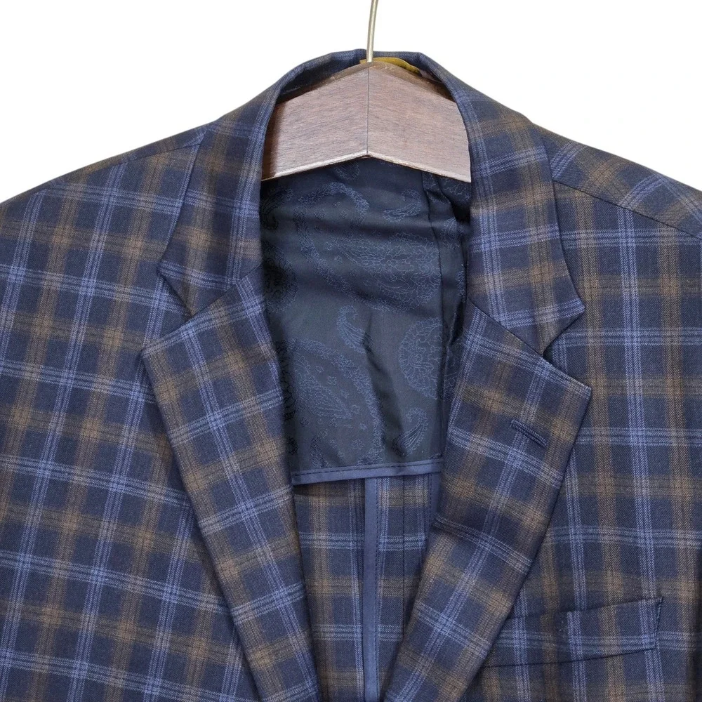 Robert Talbott Sport Coat 44T Blue Brown Plaid Carmel Unstructured Blazer 2002